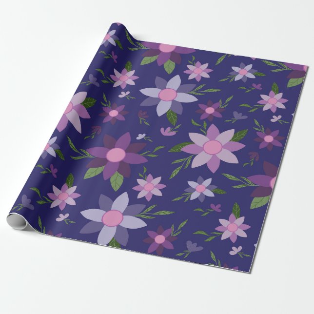 Springtime Floral pattern on Blue background Wrapping Paper (Unrolled)
