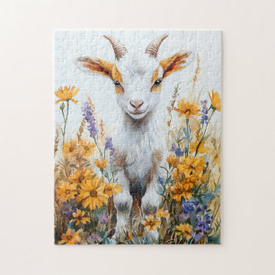 Springtime Goat Kid Yellow Wildflowers Jigsaw Puzzle