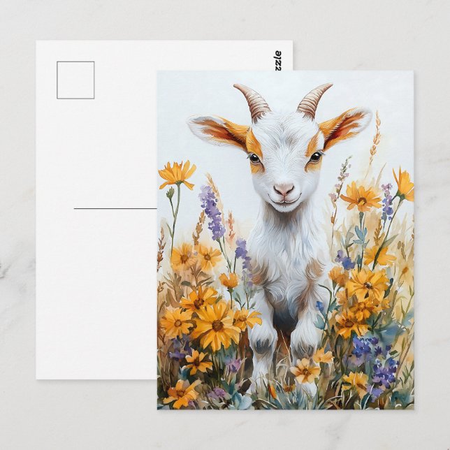 Springtime Goat Kid Yellow Wildflowers Postcard (Front/Back)
