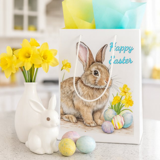 Springtime Happy Easter Rabbit  Medium Gift Bag (Celebrate Easter with a charming bunny gift bag, pastel tissue, daffodils, and spring kitchen decor.)