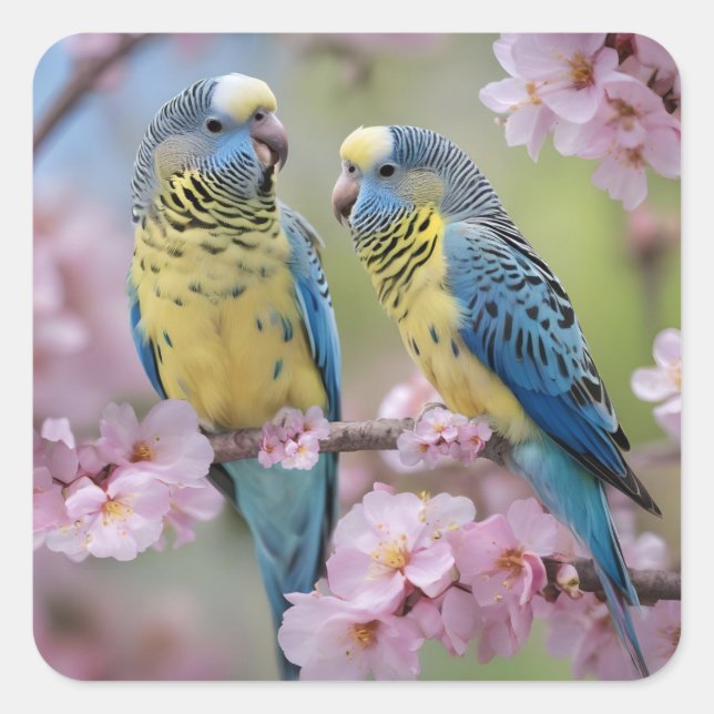 Springtime Harmony: Blue and Yellow Budgies  Square Sticker (Front)