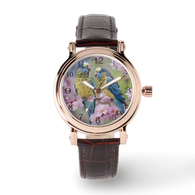 Springtime Harmony: Blue and Yellow Budgies  Watch (Front)