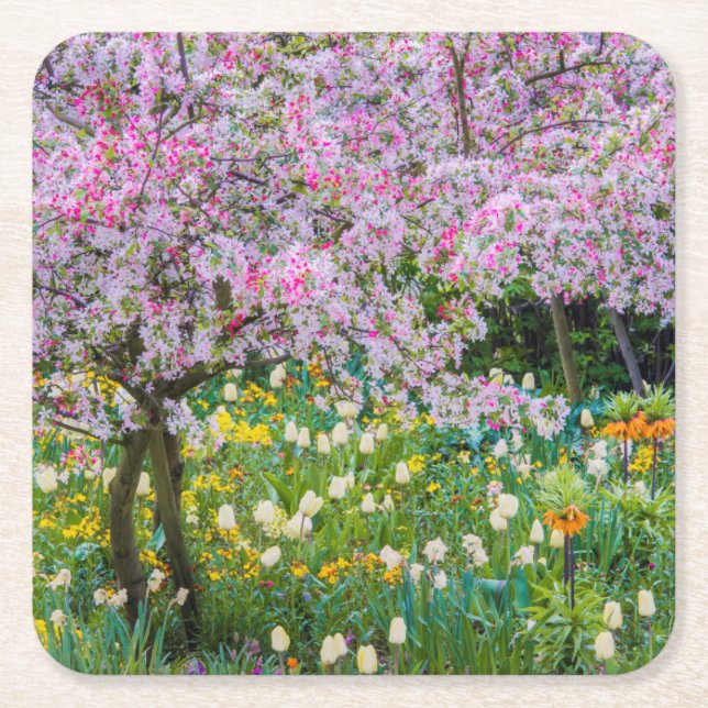 Springtime in Claude Monet's garden Square Paper Coaster (Front)
