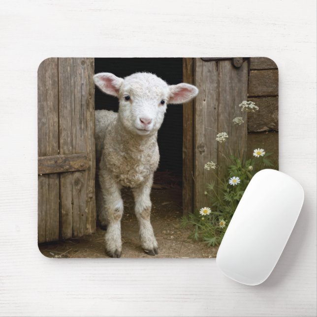 Springtime Lamb In Barn Door Mouse Mat (With Mouse)