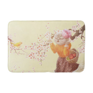 Springtime Melody: Miss Meow Singing Under Sakura Bath Mat