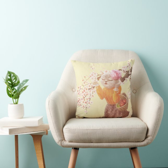 Springtime Melody: Miss Meow Singing Under Sakura Cushion (Chair)