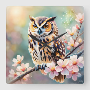 Springtime Owl, pink blossoms Square Wall Clock