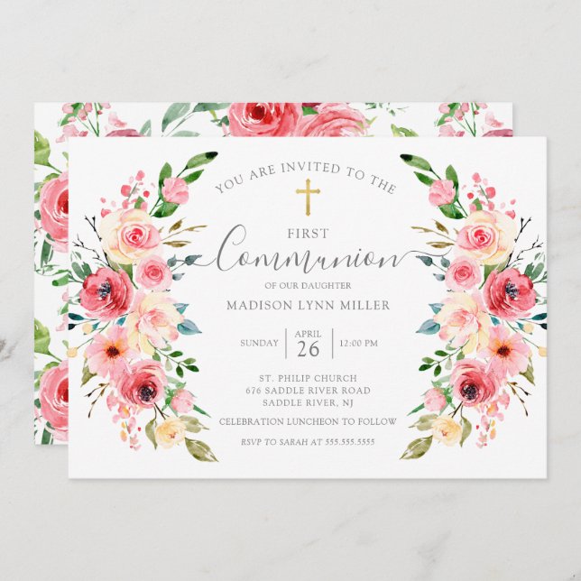 Springtime Peonies Floral First Communion Invitation (Front/Back)