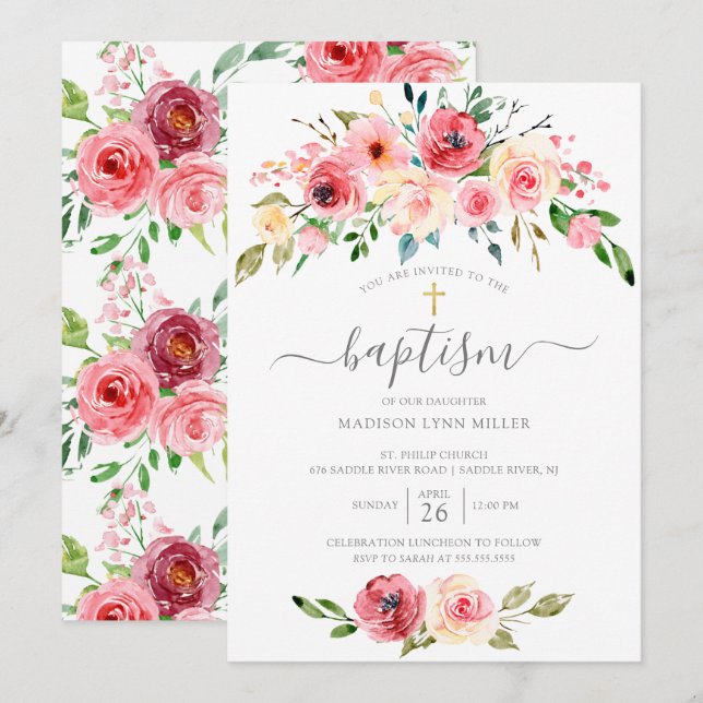 Springtime Peonies Rose Floral Baptism Invitation (Front/Back)