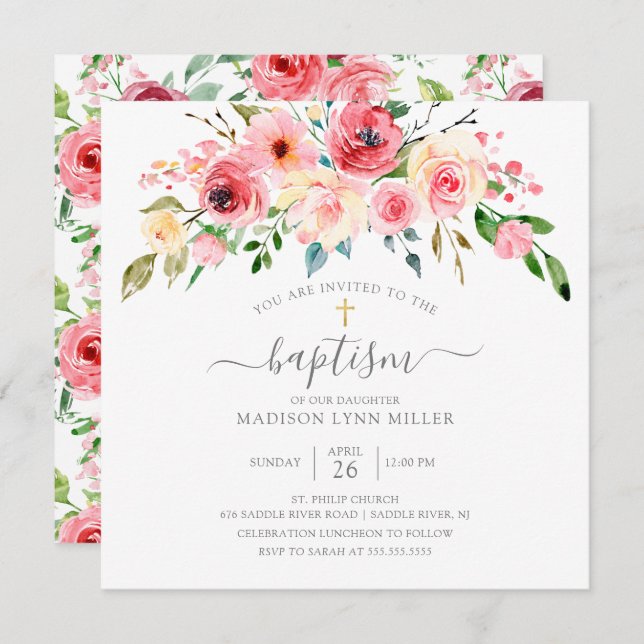 Springtime Peonies Rose Floral Baptism Invitation (Front/Back)