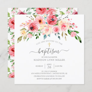 Springtime Peonies Rose Floral Baptism Invitation