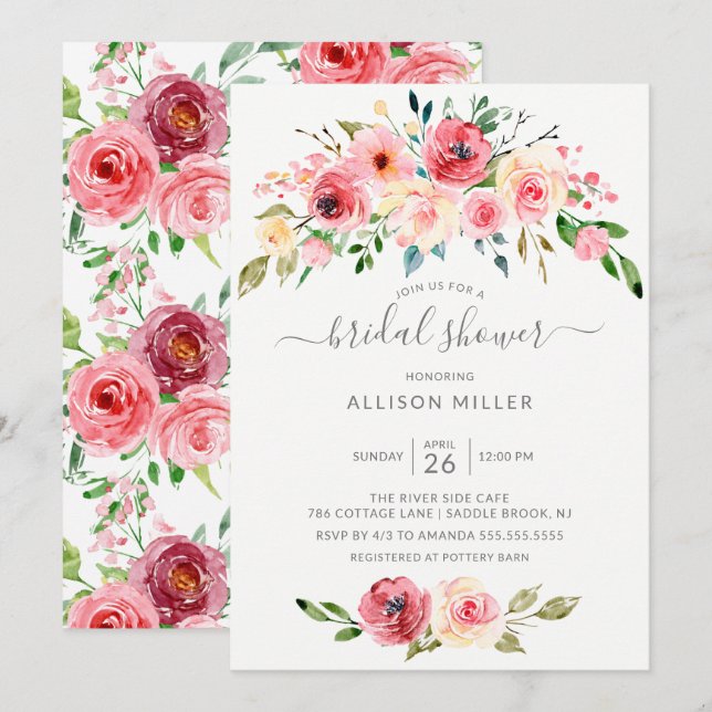 Springtime Peonies Rose Floral Bridal Shower Invitation (Front/Back)
