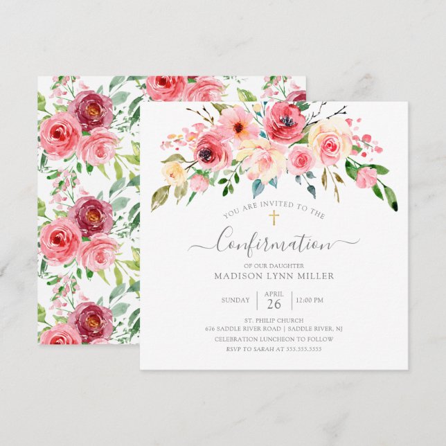 Springtime Peonies Rose Floral Confirmation Invitation (Front/Back)