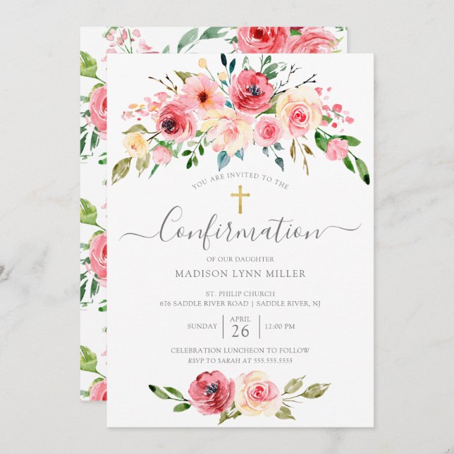 Springtime Peonies Rose Floral Confirmation Invitation (Front/Back)