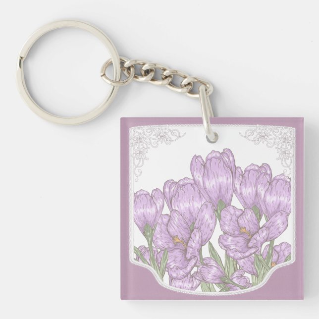 Springtime Purple Crocus Flowers Key Ring (Front)