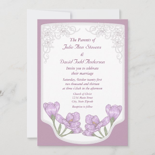 Springtime Purple Crocus Flowers Wedding Invitation (Front)
