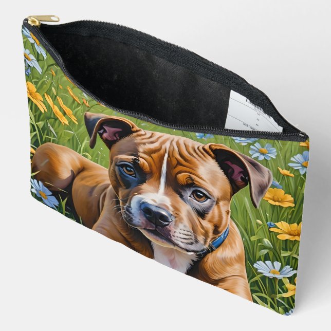 Springtime Staffordshire Bull Terrier Puppy, Accessory Pouch (Open)
