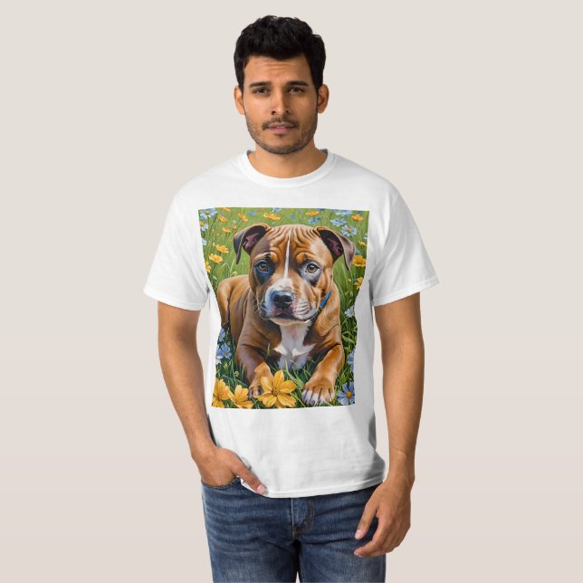 Springtime Staffordshire Bull Terrier Puppy, T-Shirt (Front Full)