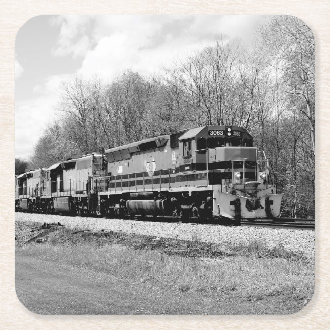 Springtime Train B&W Square Paper Coaster (Front)
