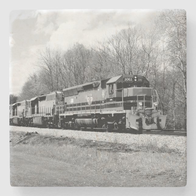 Springtime Train B&W Stone Coaster (Front)
