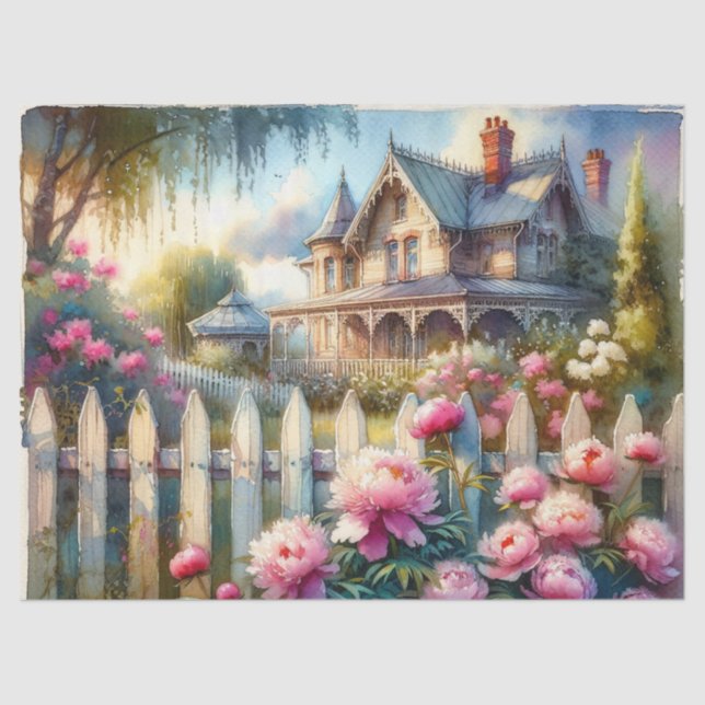 Springtime Victorian House & Peonies Tissue Paper (Front)