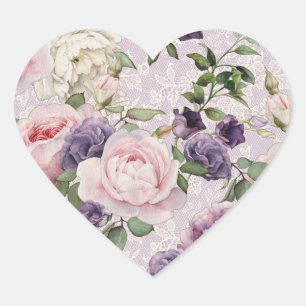 Springtime Watercolor Floral Garden Lavender Lace Heart Sticker