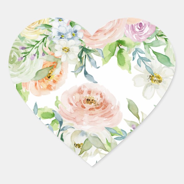 Springtime Watercolor Floral Rose Garden Pastel Heart Sticker (Front)
