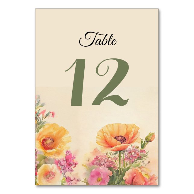 Springtime Watercolor Flowers Table Number (Front)