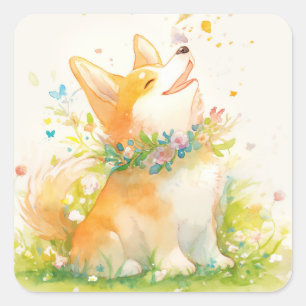 Springtime Whispers with a Happy Corgi Square Sticker