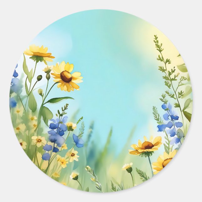 Springtime Wildflowers In Soft Blue Classic Round Sticker (Front)