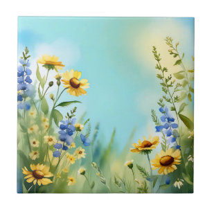 Springtime Wildflowers In Soft Blue Tile