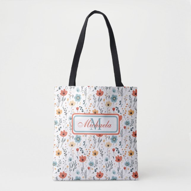 Springtime Wildflowers Pattern, Rust, Tan, Blue Tote Bag (Front)