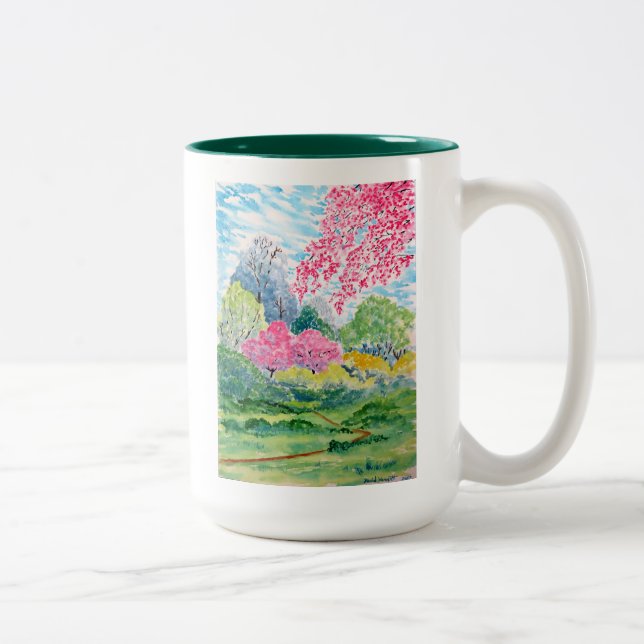 Springtime woods watercolor Two-Tone coffee mug (Right)