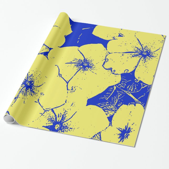 Springy Big Yellow Blue Floral Wrapping Paper (Unrolled)