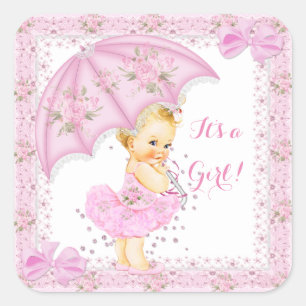 Sprinkle Baby Shower Girl Floral Pink Blonde Square Sticker