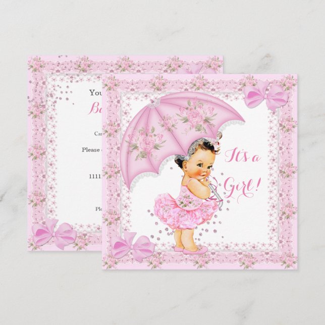 Sprinkle Baby Shower Girl Floral Pink Umbrella Invitation (Front/Back)