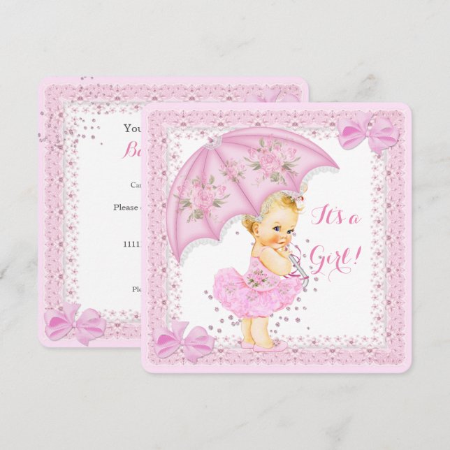 Sprinkle Baby Shower Girl Pink Umbrella Blonde Invitation (Front/Back)