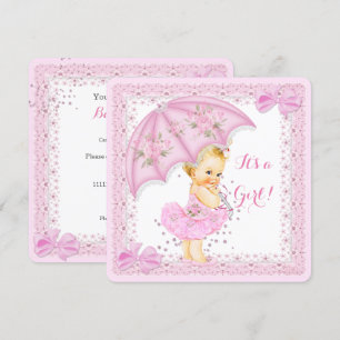 Sprinkle Baby Shower Girl Pink Umbrella Blonde Invitation