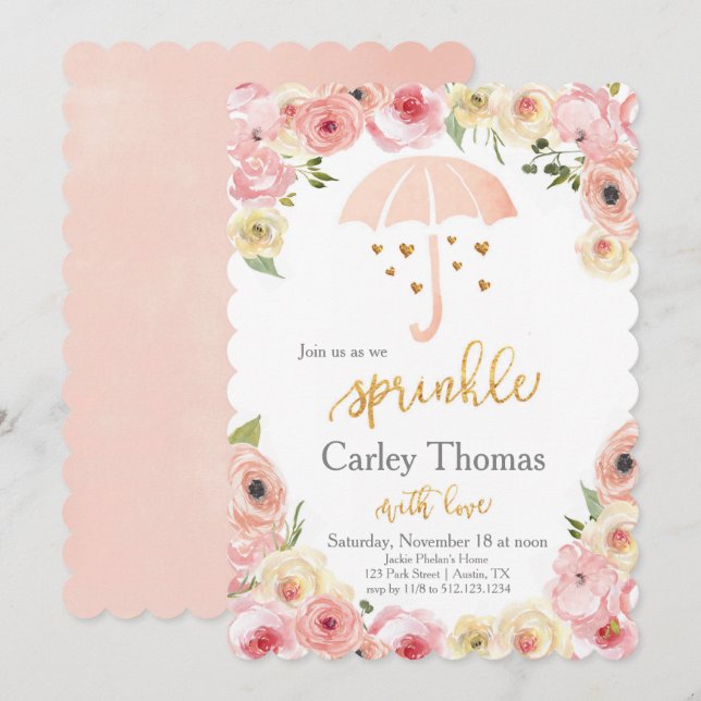 Sprinkle Baby Shower Pastel Floral Gold Glam Invitation (Front/Back)