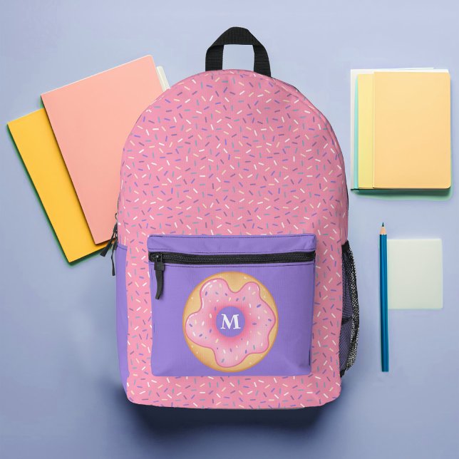 Sprinkle Doughnut Custom Monogram Printed Backpack (Pink Sprinkle Doughnut Girls Backpack)