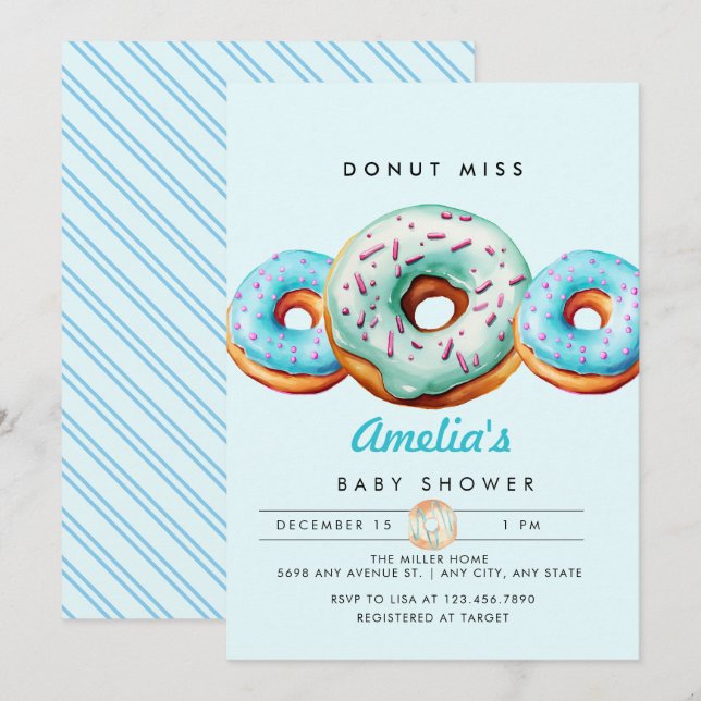 Sprinkle Doughnut | Cute Blue Baby Shower  Invitation (Front/Back)