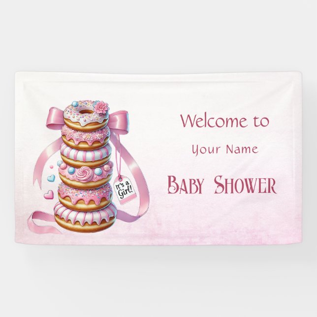 Sprinkle Doughnuts Pink Ribbon Baby Shower Banner (Horizontal)
