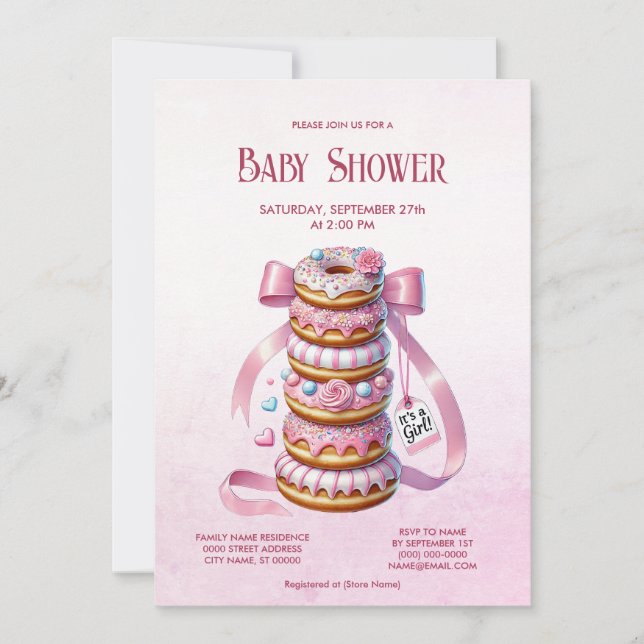 Sprinkle Doughnuts Pink Ribbon Baby Shower Invitat Invitation (Front)
