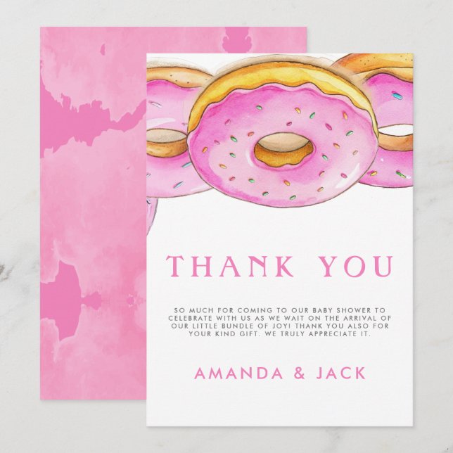Sprinkle Doughnuts Watercolor Pink Baby Shower Thank You Card (Front/Back)