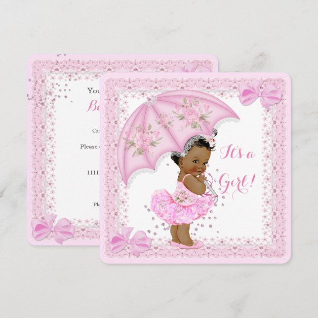 Sprinkle Ethnic Baby Shower Girl Pink Umbrella Invitation (Front/Back)