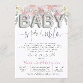 Sprinkle Foil Balloon Watercolor Girl Baby Shower Invitation