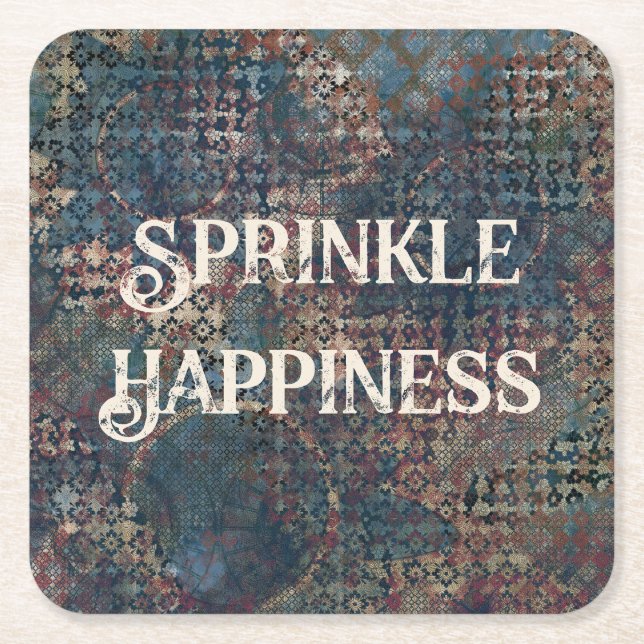 "Sprinkle Happiness" Grunge Textured Patchwork Square Paper Coaster (Front)