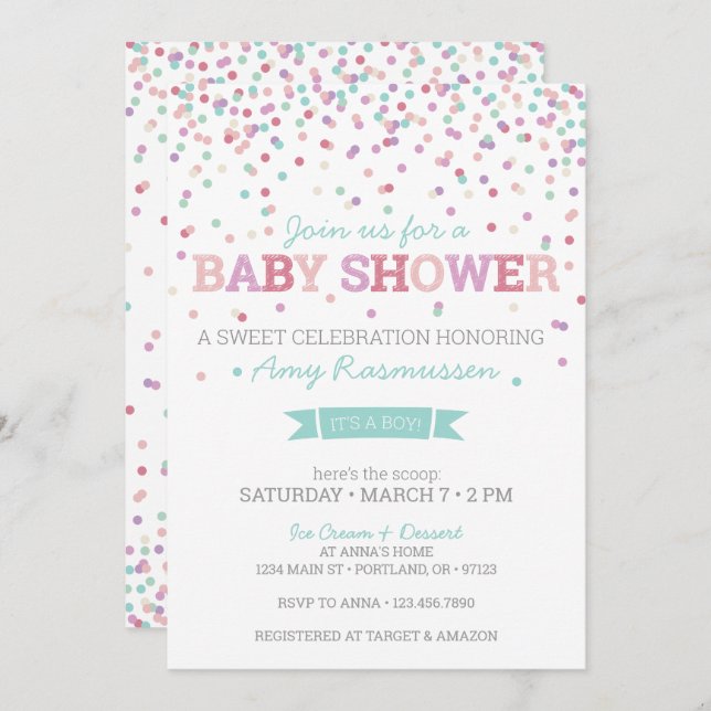 Sprinkle Ice Cream Baby Shower Invitation - Boy (Front/Back)