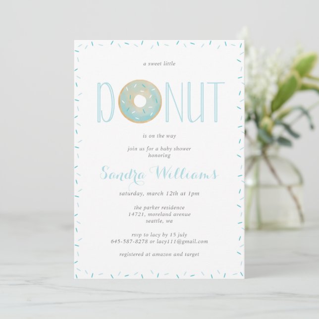 Sprinkled doughnut baby shower Invitation_Blue Invitation (Standing Front)