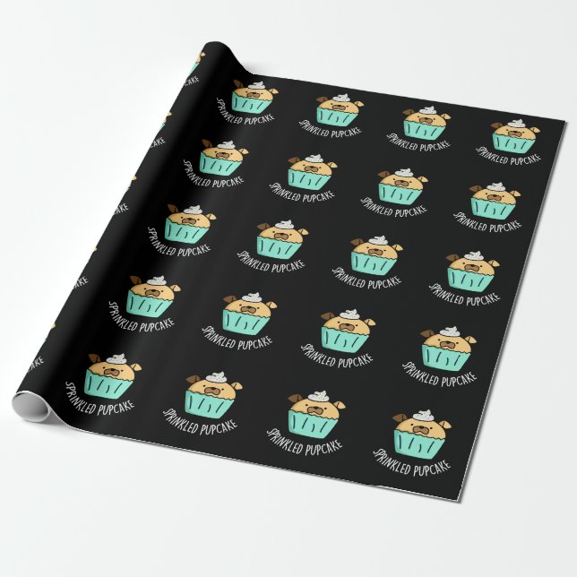 Sprinkled Pupcake Puppy Cupcake Pun Dark BG Wrapping Paper (Unrolled)